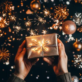 Festive Golden Gift with Sparklers