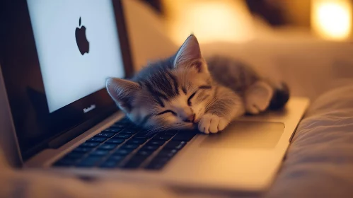 Cute Kitten Napping on Computer