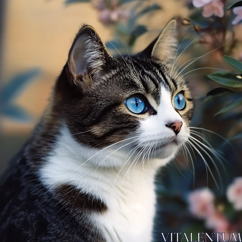 Close-Up Portrait of a Blue-Eyed Tabby Cat AI Image