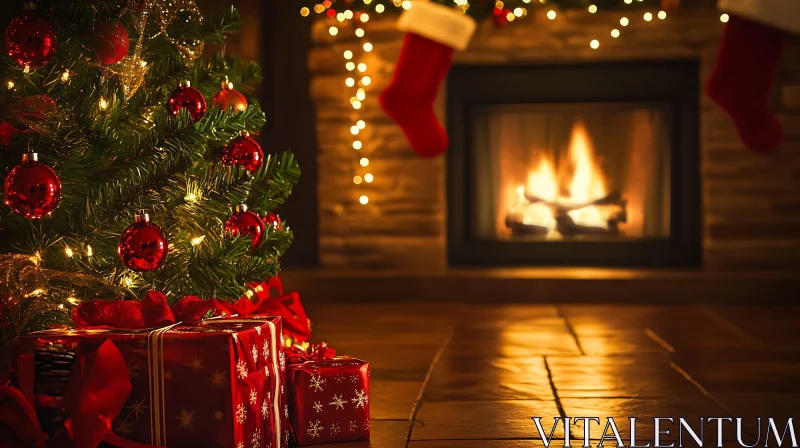 AI ART Festive Fireplace with Christmas Tree and Gifts