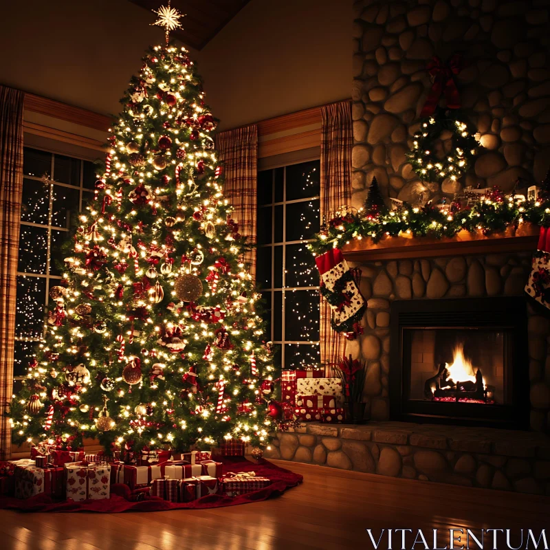 Festive Christmas Tree with Glowing Fireplace and Stockings AI Image