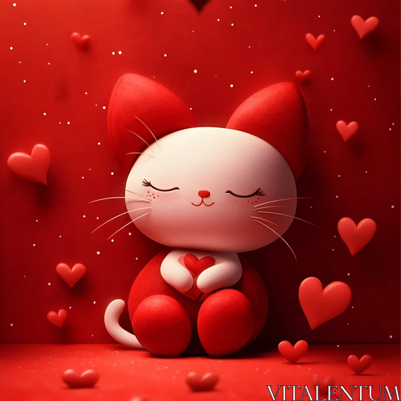 Cute Red Kitten Holding Heart AI Image