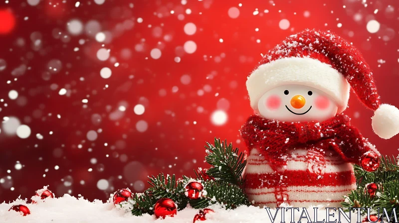 Festive Red Christmas Scene with Adorable Snowman AI Image