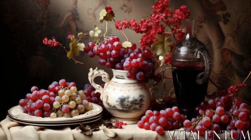 Baroque Inspired Still Life with Vase and Grapes AI Image