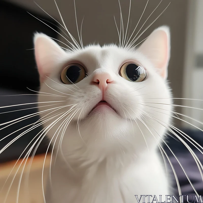 Wide-Eyed White Cat Close-Up AI Image