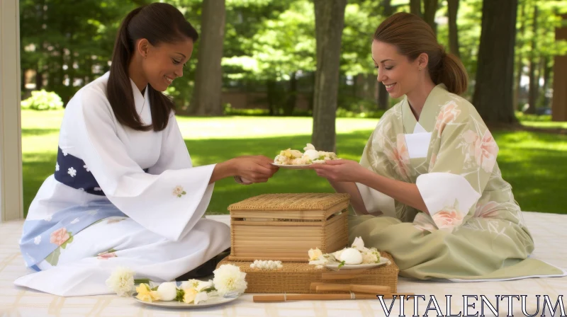 Captivating Image of Two Sisters in Kimonos Serving Food in a Nature-Inspired Setting AI Image
