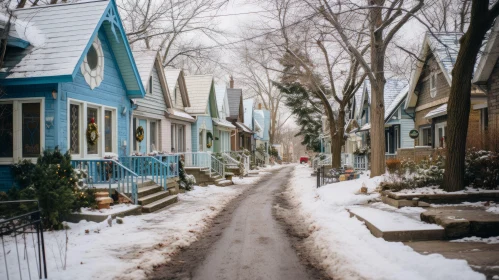Charming Blue Cottages on a Winter Street | Documentary Photography