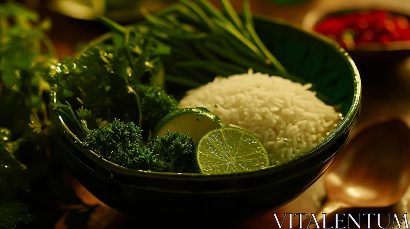 Close-up of White Rice Bowl with Lime Wedge and Greens on Wooden Table AI Image