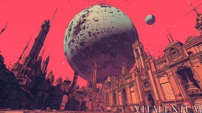 Cracked Moon Cityscape: Retro-Futuristic Digital Painting AI Image