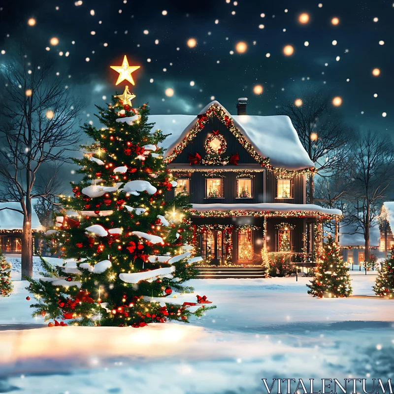 Winter Wonderland: Decorated Christmas House and Tree AI Image