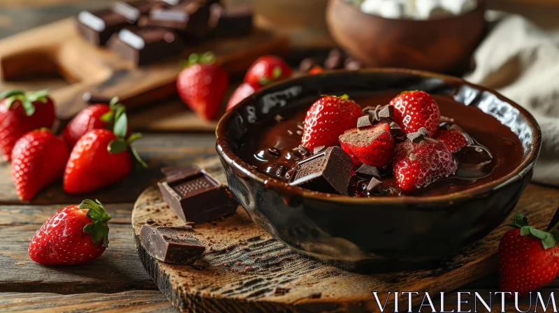 Delicious Bowl of Melted Chocolate with Strawberries on Wooden Table AI Image