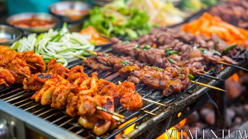 Delicious Grilled Meat Skewers on a Metal Grill - A Taste of Asia AI Image