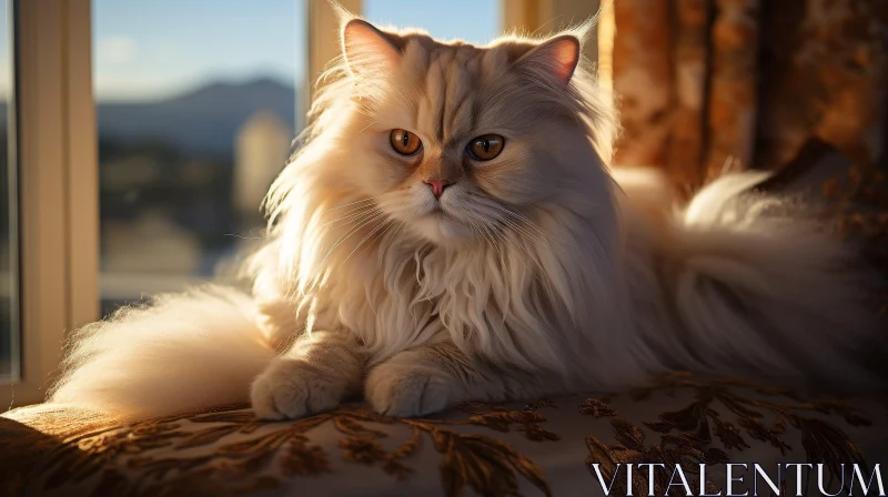 Elegant Persian Cat on Luxurious Sofa - Natural Light Scene AI Image