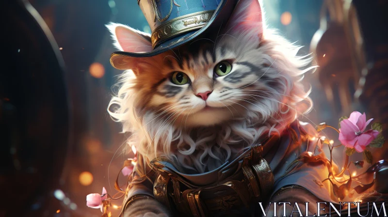 Enchanting Cat in Steampunk Hat on Wooden Table AI Image