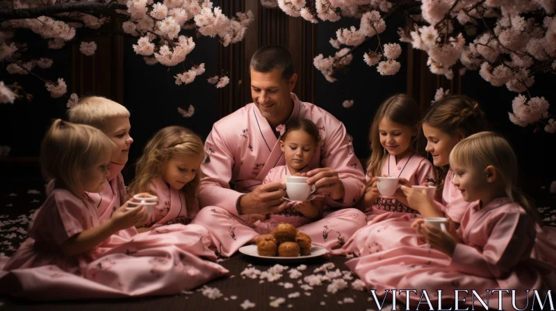 Enchanting Family Moment: A Man and His Children Amidst Cherry Blossoms AI Image