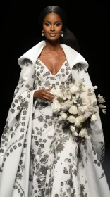 Exquisite Black Woman in White Gown and Cape on Runway | Floral Fashion