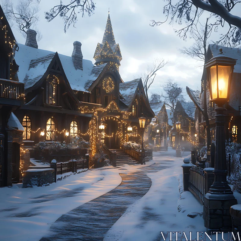 Charming Snowy Village Decorated for Christmas AI Image