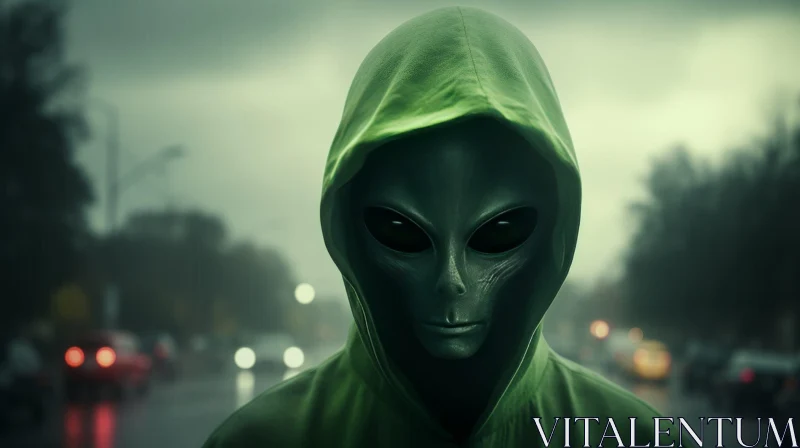 Green Alien in Hoodie Portrait AI Image