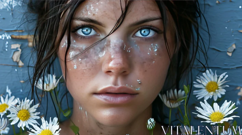 Stunning Portrait of a Young Woman with Blue Eyes and Wet Hair AI Image