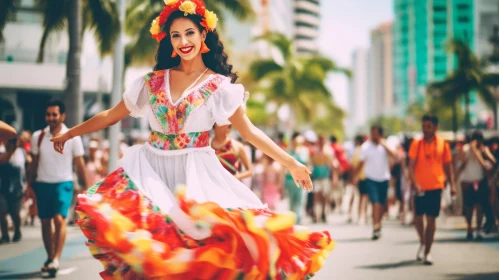 Traditional Mexican Dress in a Vibrant Miami Crowd