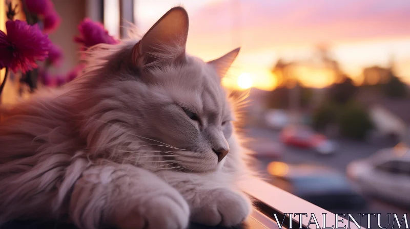 White Cat Enjoying Sunset on Windowsill AI Image