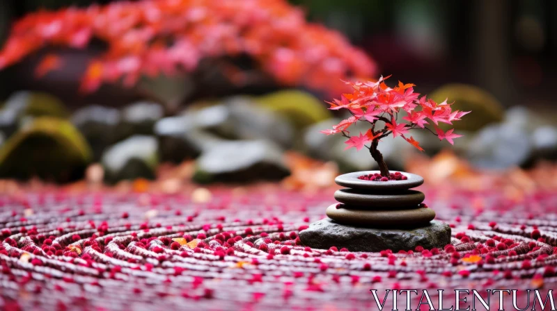Zen Garden Spectacle: Red Sakura Tree Amid Stones AI Image