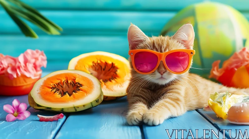 AI ART Charming Cat with Sunglasses and Summer Fruits