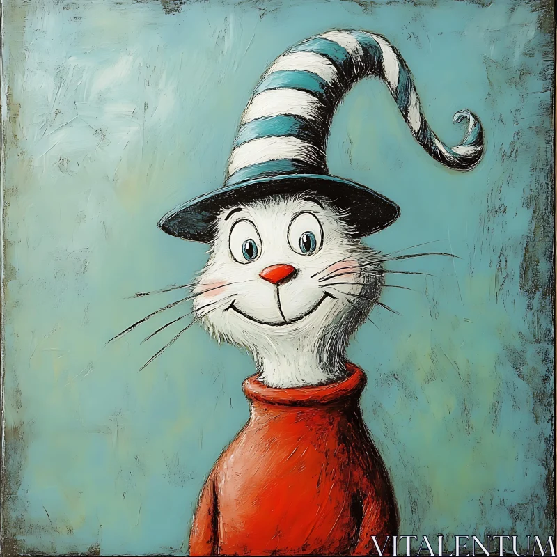 Cheerful Cat in Striped Hat Illustration AI Image