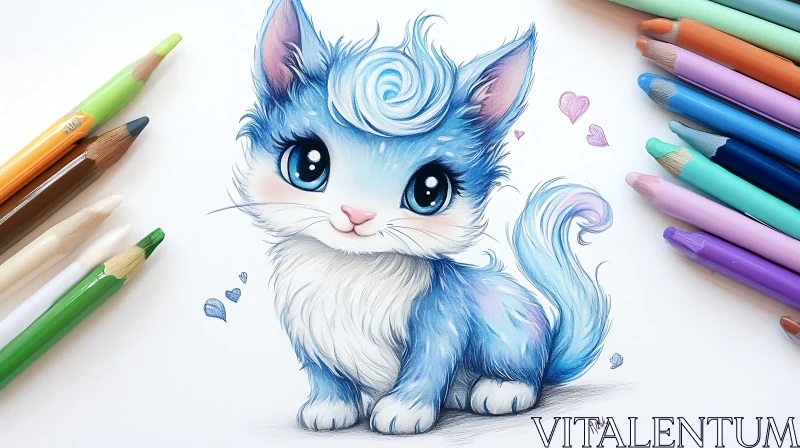 Charming Fluffy Blue Kitten Drawing with Heart Shapes AI Image