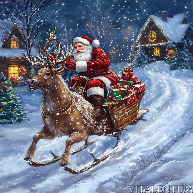 Santa and Reindeer Journey in Snow AI Image