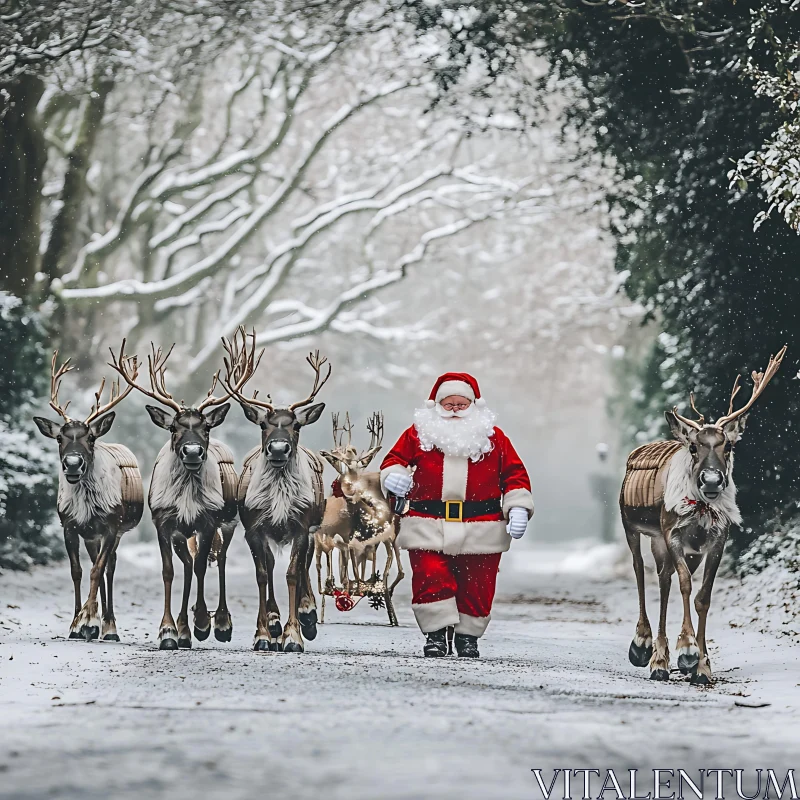 Santa and Reindeers on a Winter Path AI Image