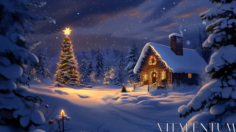 AI ART Holiday Cabin with Illuminated Christmas Tree and Snow