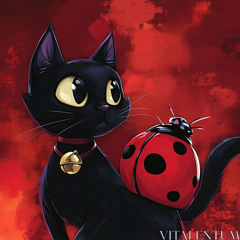 Cat with Ladybug on Red Background AI Image