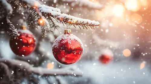 Festive Christmas Tree Branch with Red Decorations