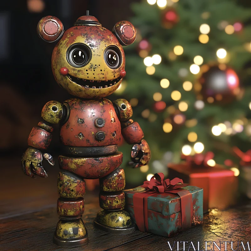 Vintage Robot Toy by Christmas Tree with Gifts AI Image