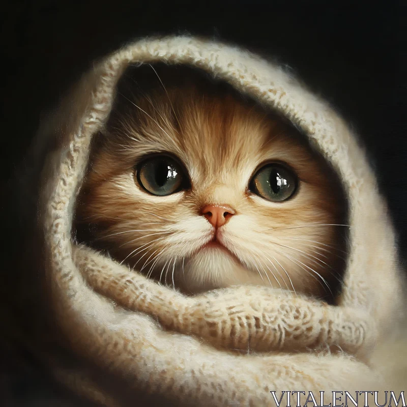 Charming Kitten Portrait in Knitted Blanket AI Image