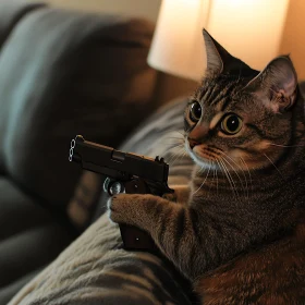 Curious Cat with a Gun on a Sofa