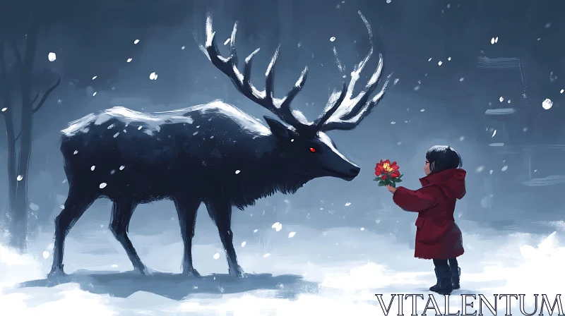 Child Meets Mysterious Deer in Snowy Woods AI Image