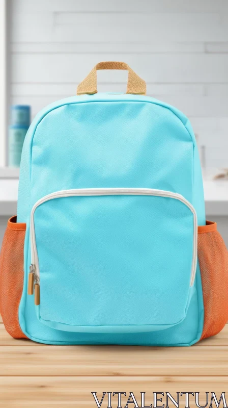 Blue Backpack with Orange Mesh Pockets on Wooden Table AI Image
