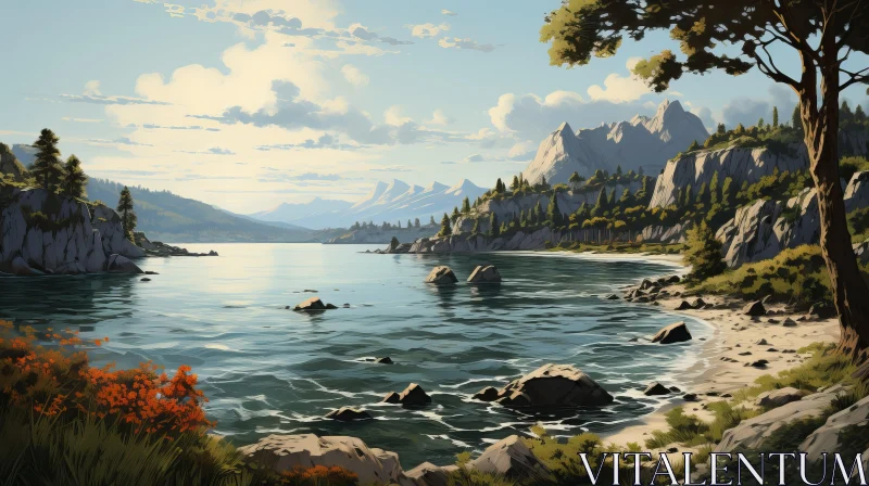 Classic Lithographic Landscape Art: Mountains and Ocean AI Image
