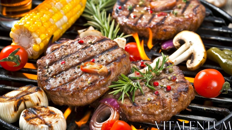 Close-Up Grill with Hamburger Patties and Vegetables AI Image