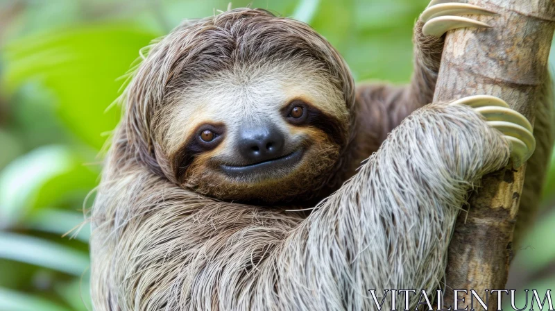Close-up Photograph of Smiling Sloth in Nature AI Image
