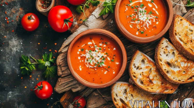 Delicious Tomato Soup with Grilled Cheese Sandwich on Wooden Table AI Image