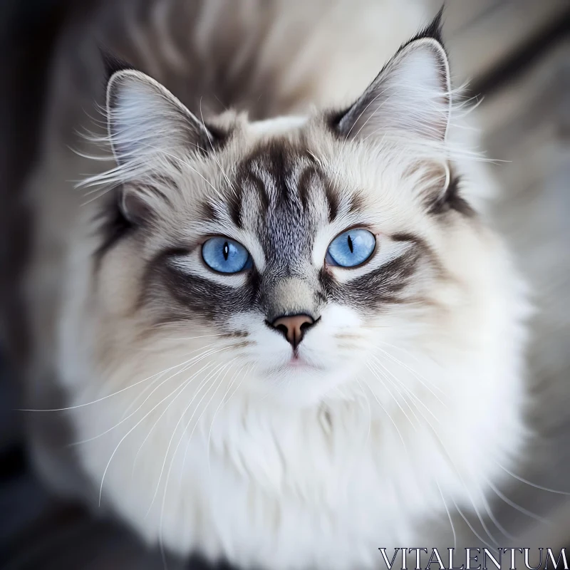 Close-Up of Fluffy Cat with Gorgeous Blue Eyes AI Image