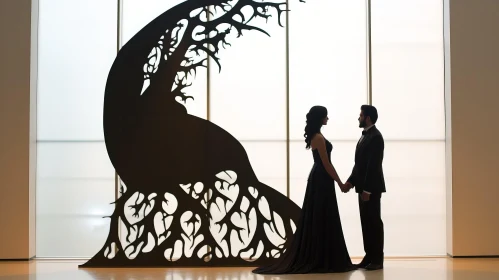 Elegant Couple in Black in Front of Intricate Tree Sculpture