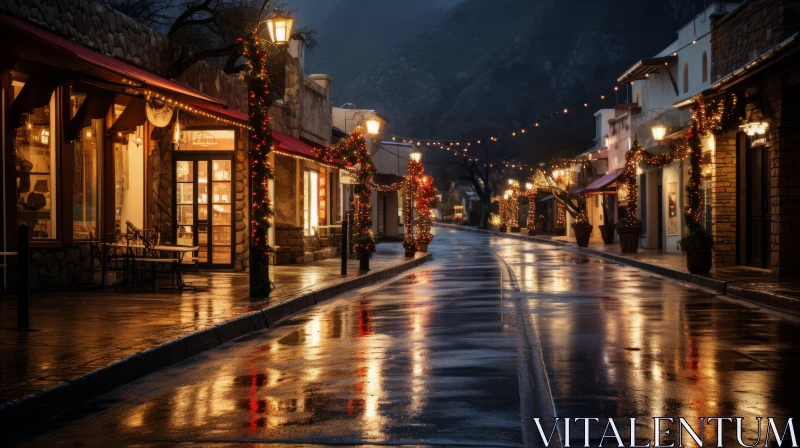 Enchanting Night Scene: Wet Streets with Festive Atmosphere AI Image