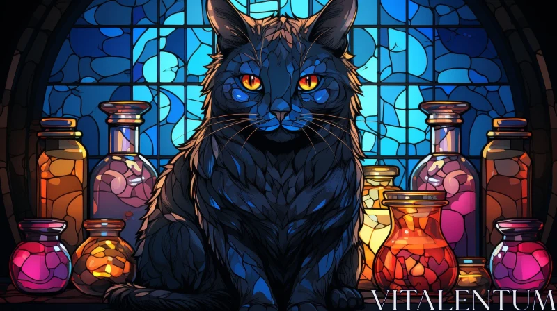 Enigmatic Black Cat and Stained Glass Window AI Image
