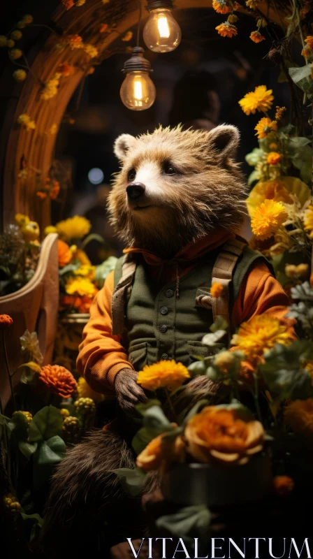 Festive Raccoon Amidst Autumn Flowers - Intricate Costume Design AI Image