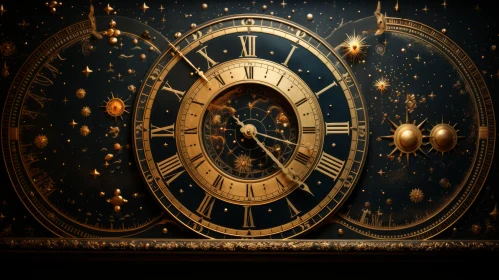 Golden Mysterious Clock with Starry Details and Intricate Patterns