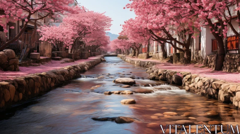 Pink Street Scene with Blossoms: A Vibrant Fantasy Artwork AI Image